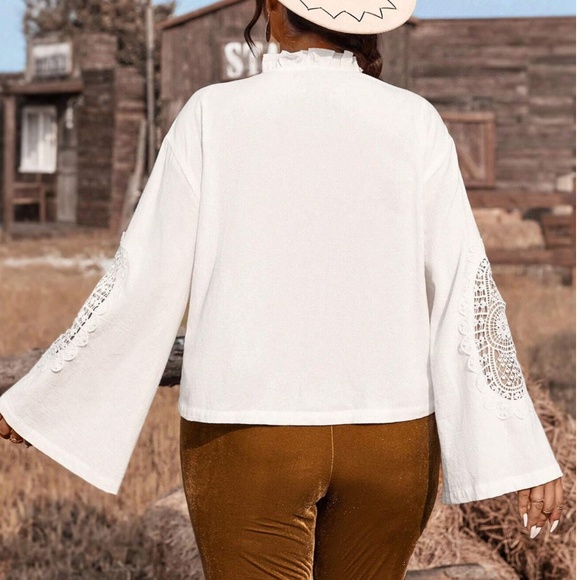 Plus White Floral Lace Insert Ruffle Detail Front Tie Top - Picture 4 of 7